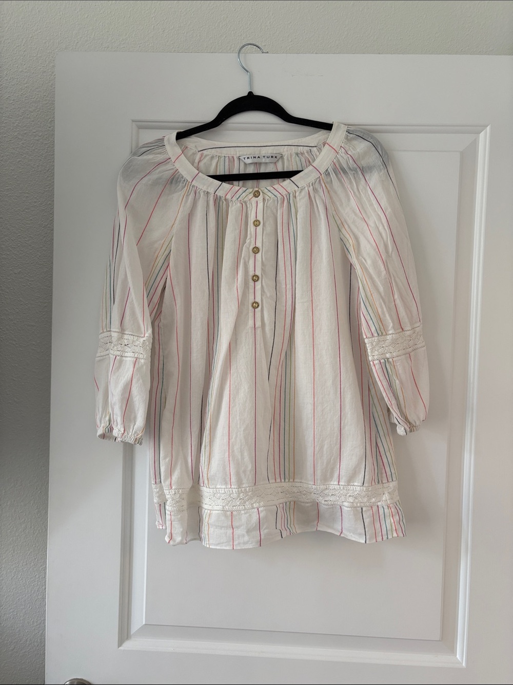 Preowned Trina Turk Striped Peasant Blouse in White with Pastel Stripes S/M